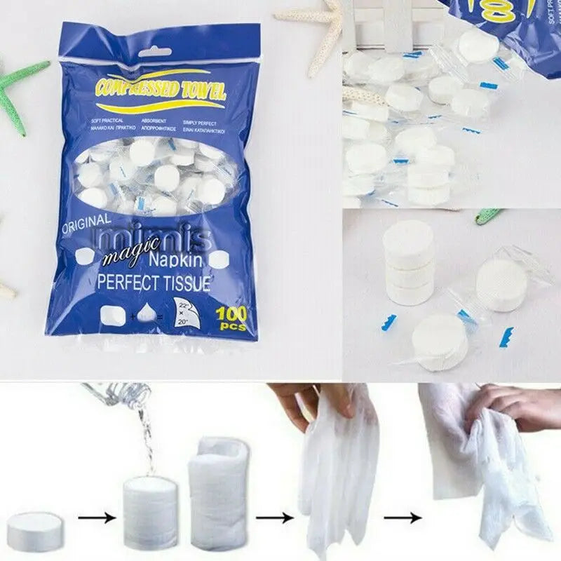 100pcs Compressed Towel Wet Wipes Paper Face Towel Tablet Disposable Napkin Portable Magic Towel Coin Tissues Make Up for Travel