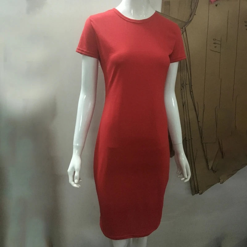 652F Women Summer Short Sleeve Plain Slim Fitted Knee Length Package Hip Long Dress
