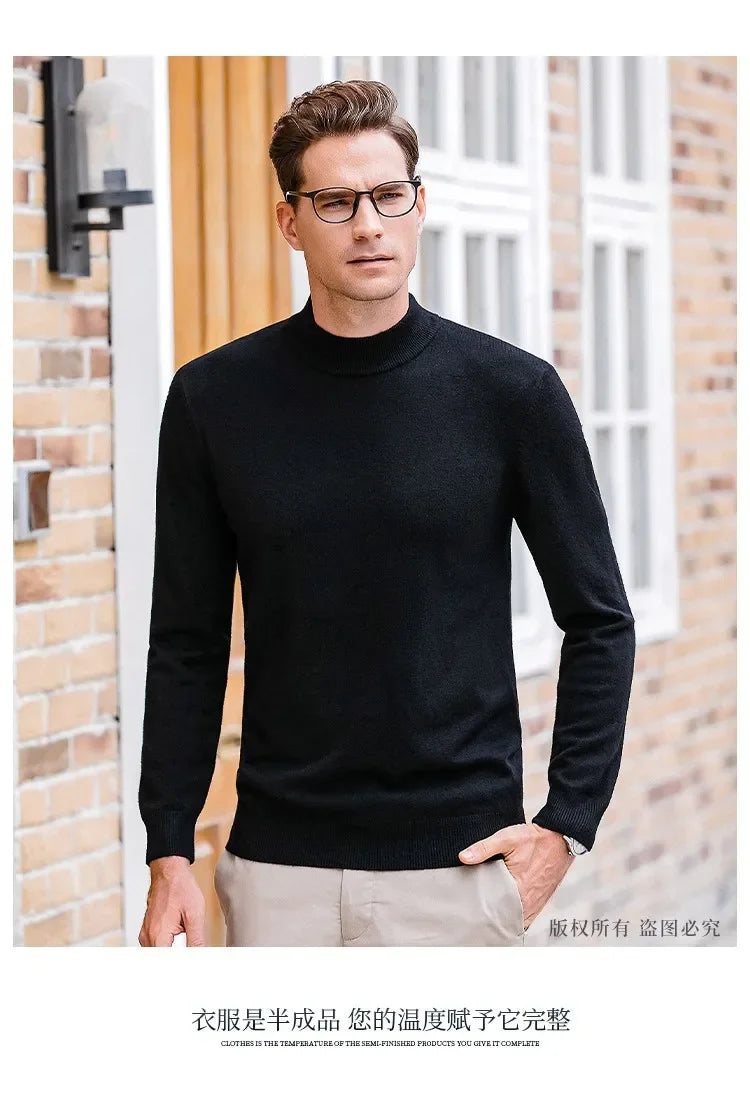 Luxury Brand Men's Mock Collar 100% Pure Woolen Sweater Tops Autumn Winter Cashmere Sweater Pullover Male Warm Knitwear Sweater