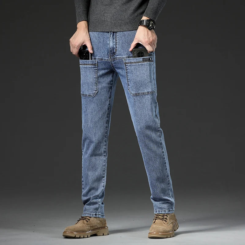2024 New 6 Pocket Design Men's Denim Jeans Skinny Full Length Pants with High Elasticity Slim Pants Man Fashion Mid-waist Jeans