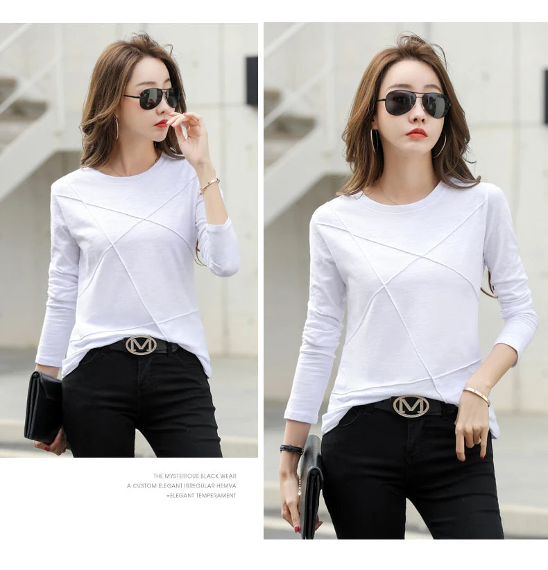 AOSSVIAO 2024 Autumn Long Sleeve Women O-Neck Bamboo Cotton T-Shirt Elegant Loose Ribbed Fashion Tee Shirt Ladies Simple Tops