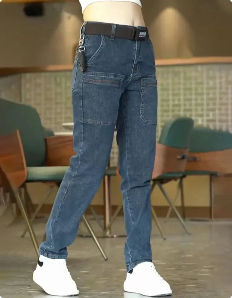 2024 New Brand Mens Casual Multiple Pockets Jeans Mid-Waist Elastic Straight Denim Trousers Versatile Loose Personality Pants