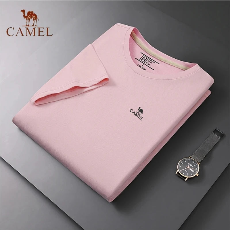 Embroidered CAMEL Round Neck Short Sleeved T-shirt, Summer Men's Fashionable Casual Outdoor Sports Breathable Polo Shirt Top