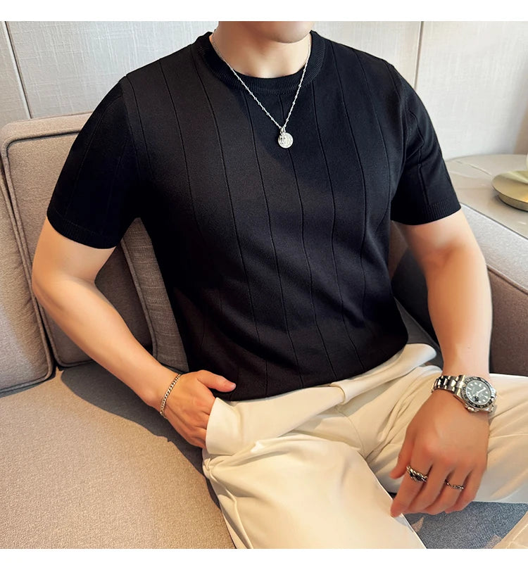 2024 New High Quality, Business Casual Men's Short-Sleeved O-neck Sweater, Daily Slim Fit T-shirt, Stretchable Striped Top M-3XL