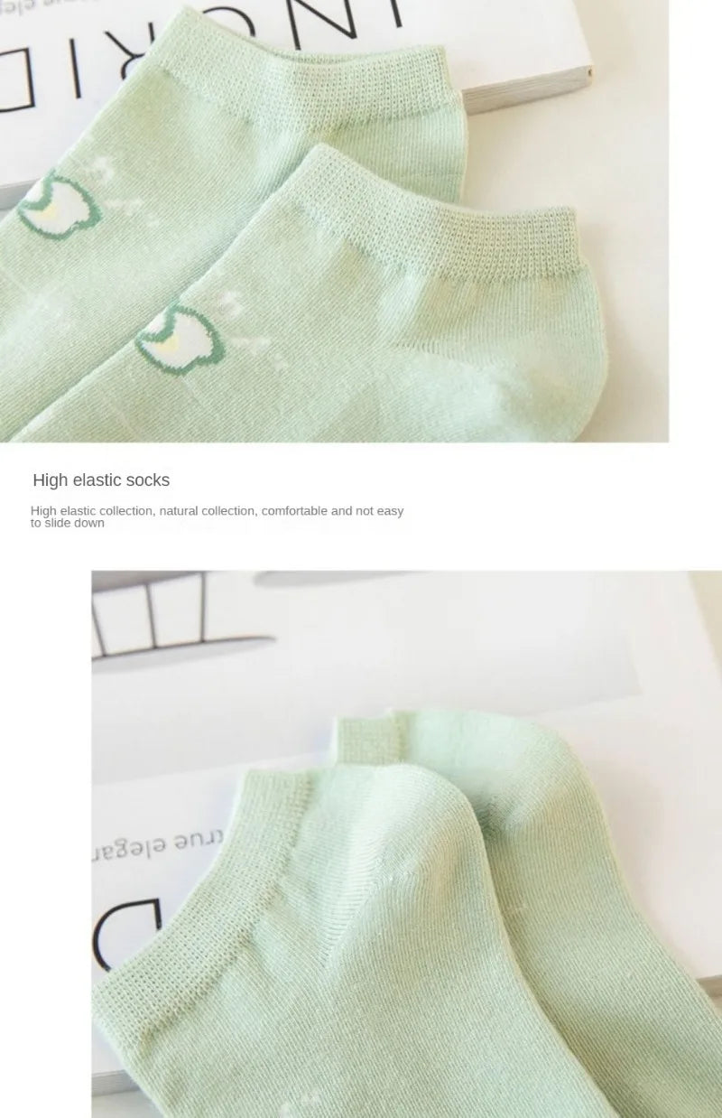 5 Pairs Avocado Flower Heart Ankle Socks Cartoon Fresh Fashion Breathable Spring and Summer Kawaii Comforts Women's Boat Socks