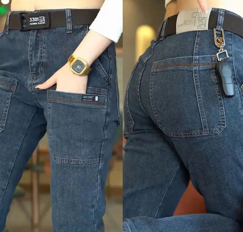 2024 New Brand Mens Casual Multiple Pockets Jeans Mid-Waist Elastic Straight Denim Trousers Versatile Loose Personality Pants