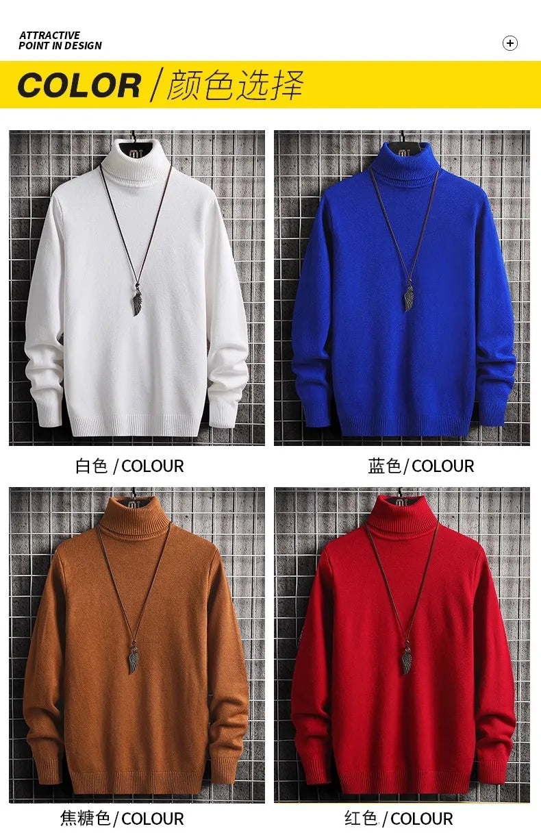 2024 Turtleneck Sweaters Men's Solid Pullovers Knitted Sweater High Collar Knitwear Pullovers Autumn Winter Warm Sweater for Men