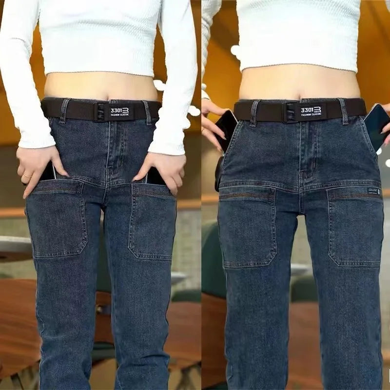 2024 New Brand Mens Casual Multiple Pockets Jeans Mid-Waist Elastic Straight Denim Trousers Versatile Loose Personality Pants