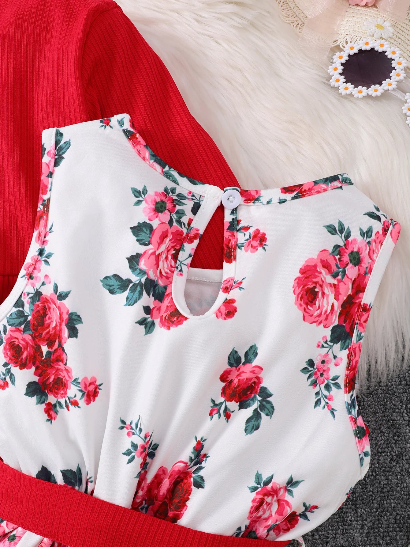 4-7 Years Kids Girls 2PCS Dress Set Solid Knitted Overcoat+Floral Sleeveless Dress with Belt Photography Style Princess Clothing