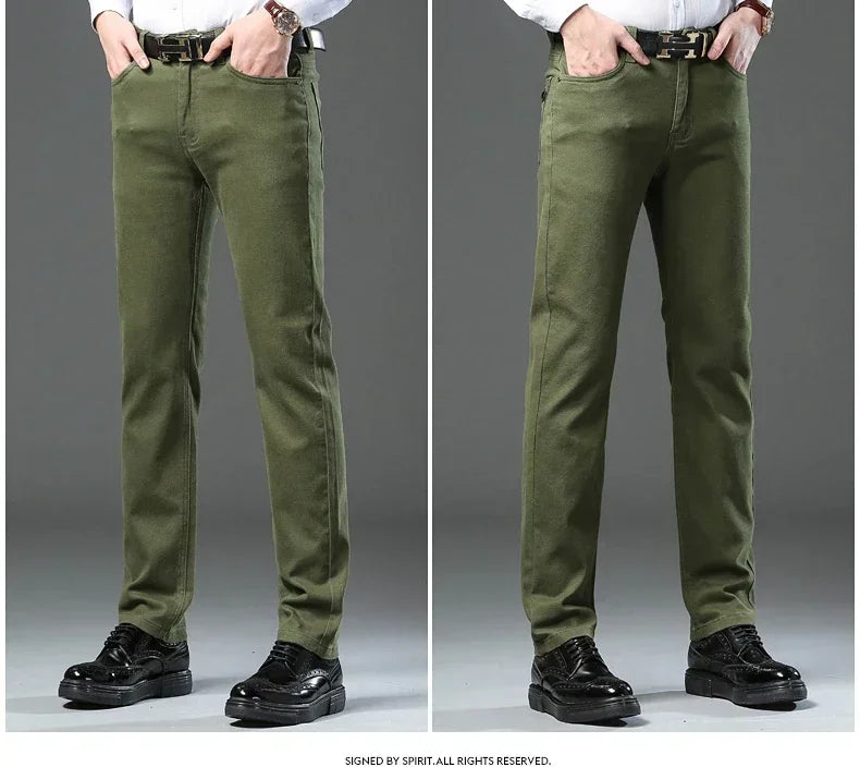 Large Size 42 44 Autumn 98% Cotton Men's Stretch Slim Jeans ArmyGreen Soft Comfortable Casual Straight Denim Pants Trousers