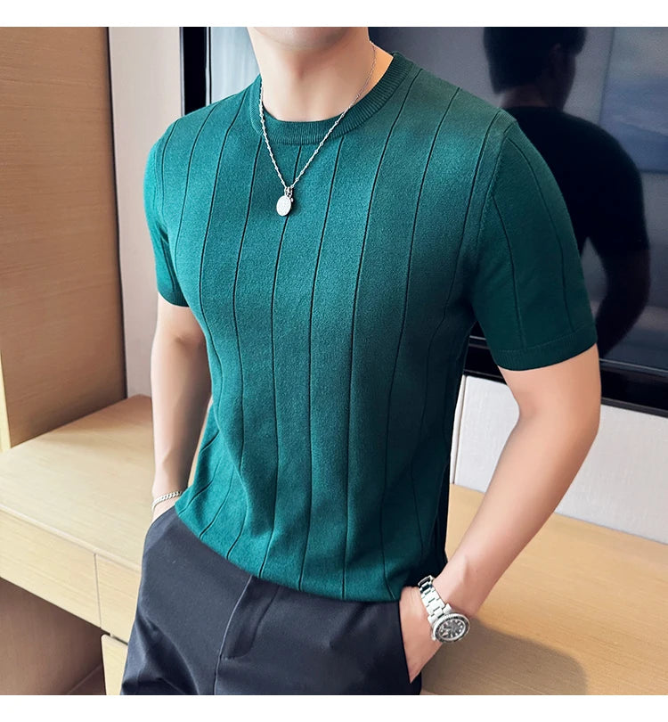 2024 New High Quality, Business Casual Men's Short-Sleeved O-neck Sweater, Daily Slim Fit T-shirt, Stretchable Striped Top M-3XL