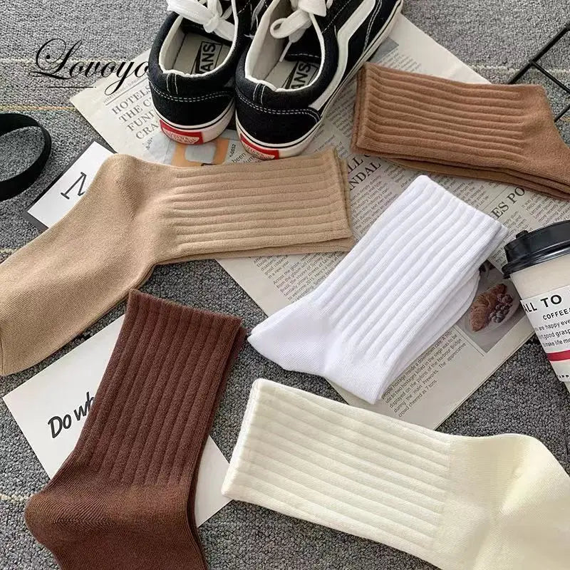 Women Classic Solid Color Striped Cotton Loose Socks Korean Fashion Japanese Style Simple Basic Socks Lady All Match Brown Sock