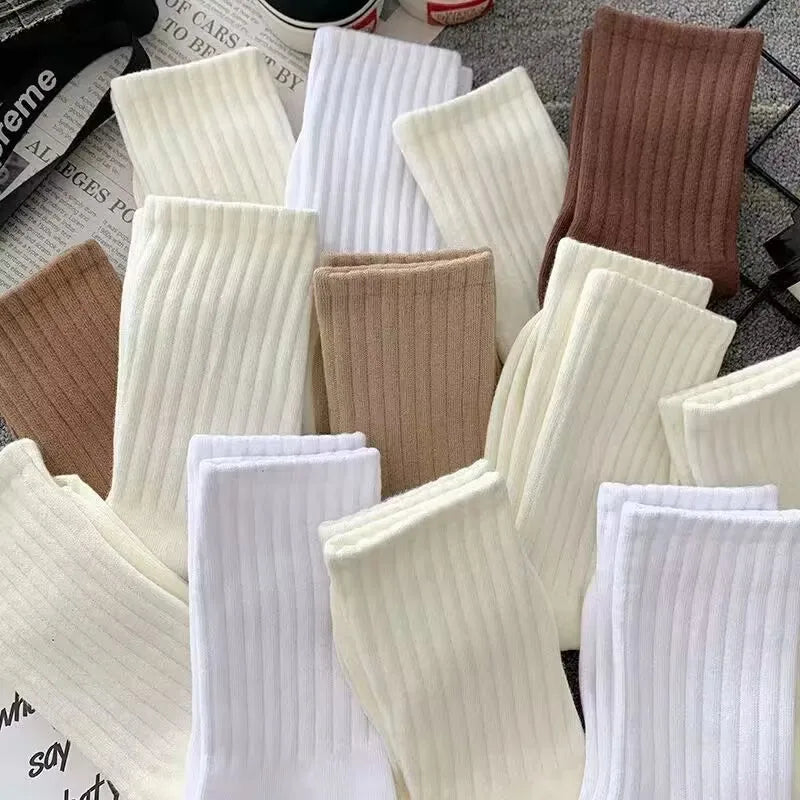 Women Classic Solid Color Striped Cotton Loose Socks Korean Fashion Japanese Style Simple Basic Socks Lady All Match Brown Sock