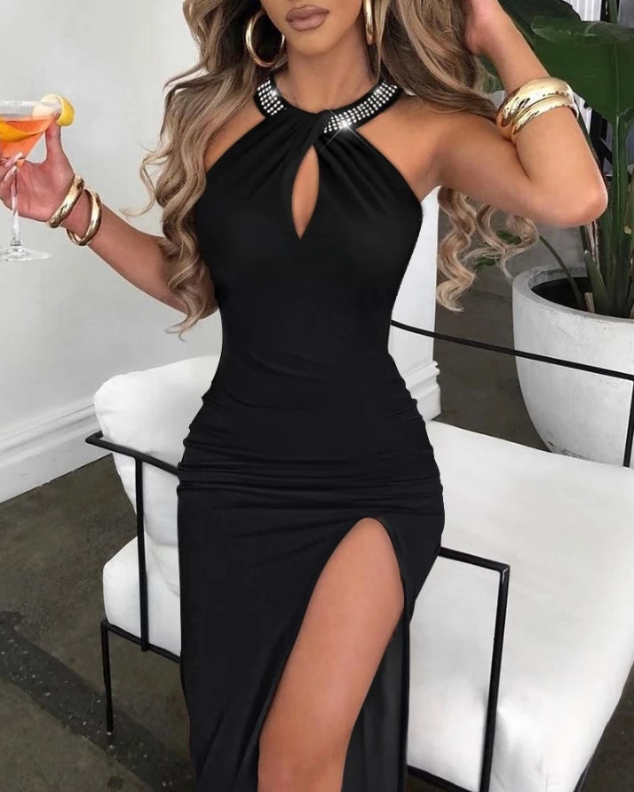 Sexy Women Dresses Rhinestone Decor Elegant Fashion Multi-Strap High Slit O-Neck Sleeveless Maxi Skinny Party Dress 2022 Summer