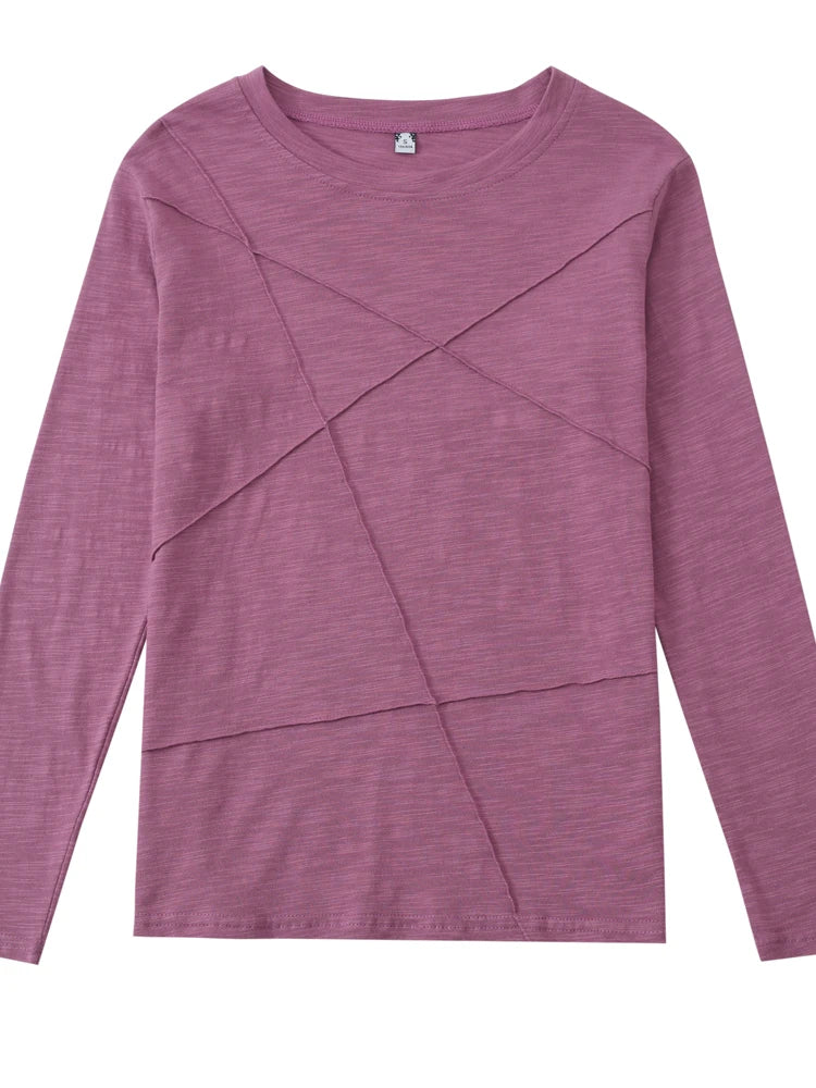 AOSSVIAO 2024 Autumn Long Sleeve Women O-Neck Bamboo Cotton T-Shirt Elegant Loose Ribbed Fashion Tee Shirt Ladies Simple Tops