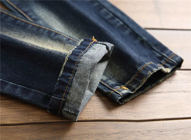 Denim Jeans Straight Scratches Fashion Men's Pants Luxury Vintag Hole Ruined Long Broken Fashion Regular Fit Large Size