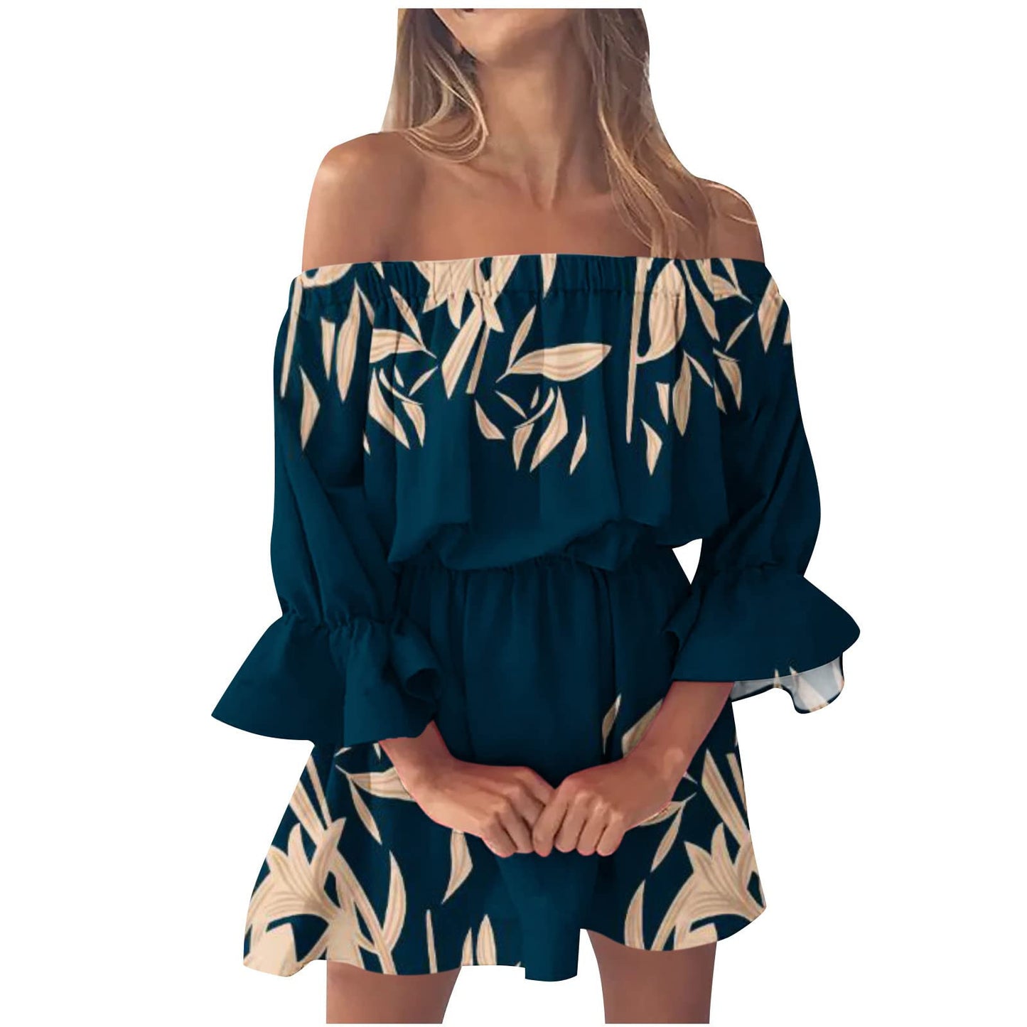 Boho Dresses for Women 2023 Summer Sexy Off Shoulder Floral Print Flare Sleeve Tunic Dress Women Casual Mini Sundress Vestido