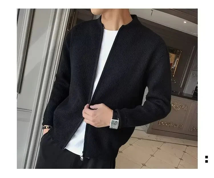 Autumn Winter Men's Solid Color Knitted Cardigan Sweater Jacket Casual Slimming Top Fashionable White Coat