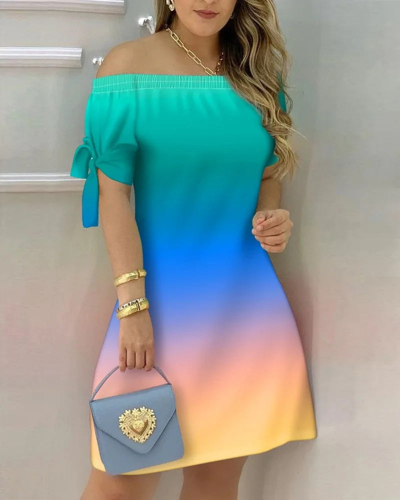 Fashionable Sexy Women's Print Dress Women's Word Shoulder Short -sleeved A -line Dress Ladies Off The Shoulder Mini Dresses