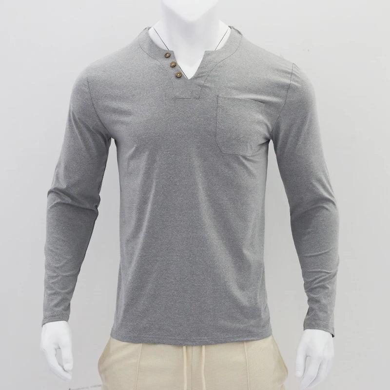 Autumn and Winter Cross border Leisure V-neck Men's Fashion Trend Sports T-shirt Slim Fit Pocket Men's T-shirt Long Sleeve Top
