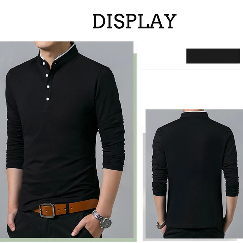 Men's Business Casual Polo Long Sleeve T-shirt Summer Comfortable and Breathable Solid Cotton Top