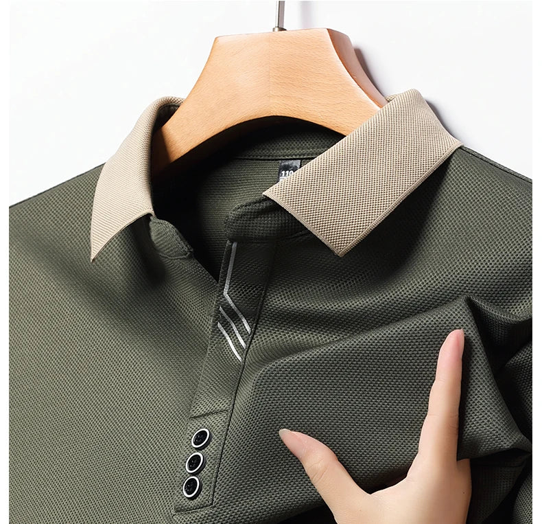 Autumn New Men's Long-sleeved Polo Shirt Business Casual Slim Elastic Top Fashion Classic Solid Color Male Brand Tees