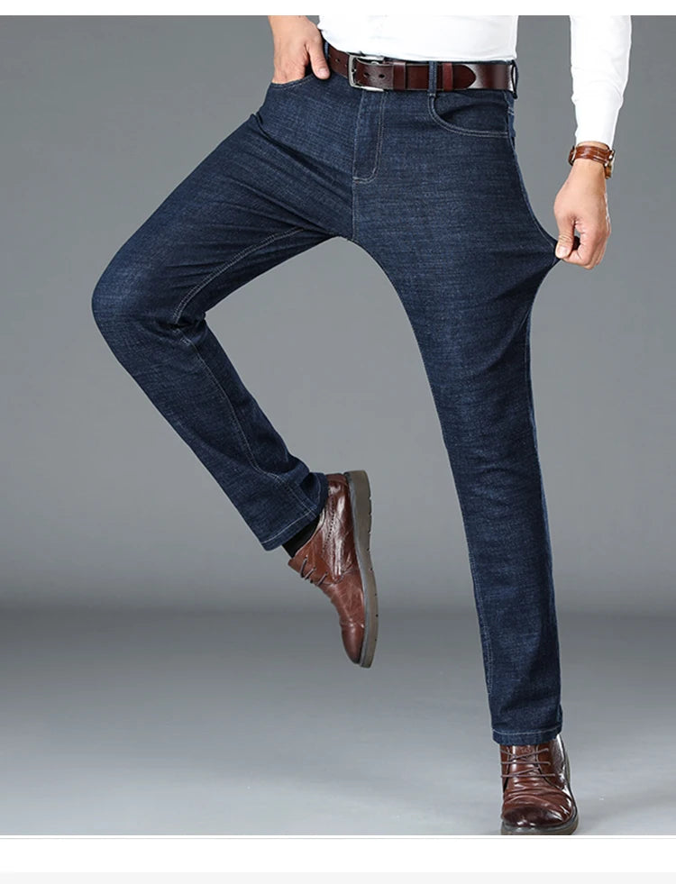 High Quality Men's Business Stretch Jeans Korean Casual Pants Denim Straight Trousers Black Navy Blue Men's Clothes