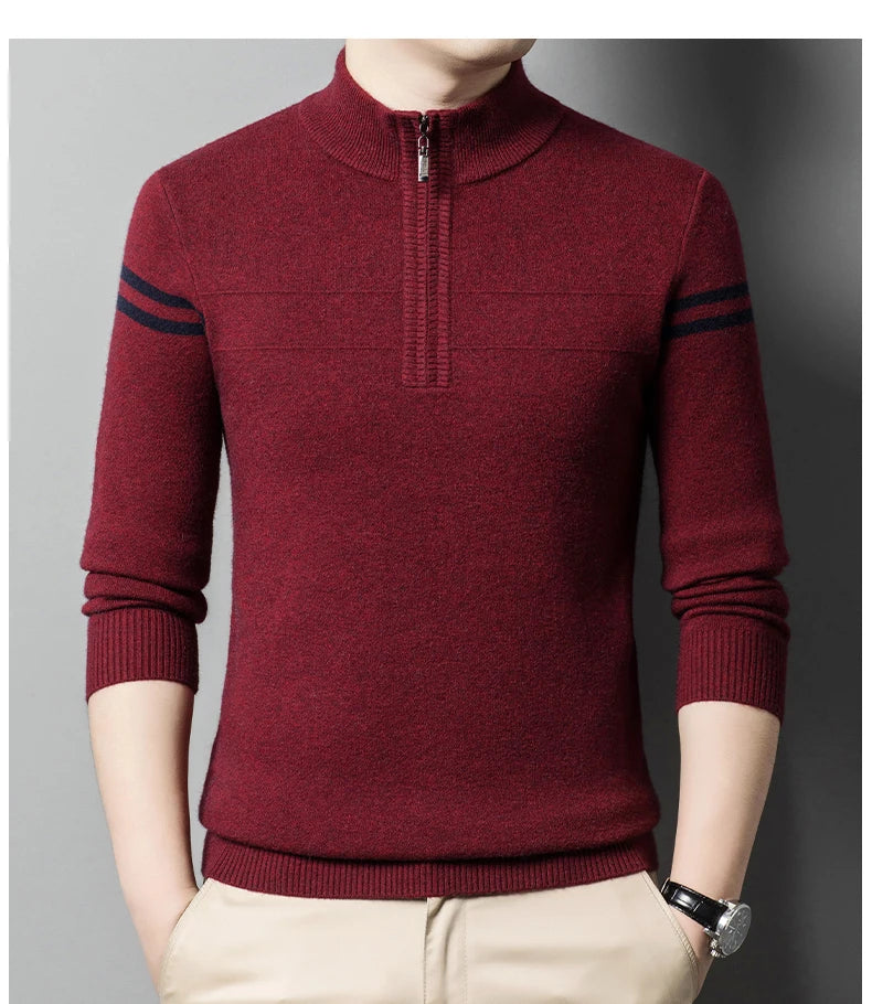 Men's autumn and winter high collar half zipper 100% wool sweater 2024 thick long sleeve warm pullover business casual knitted s