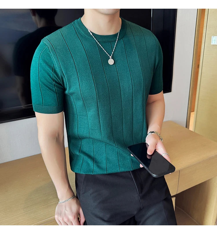 2024 New High Quality, Business Casual Men's Short-Sleeved O-neck Sweater, Daily Slim Fit T-shirt, Stretchable Striped Top M-3XL