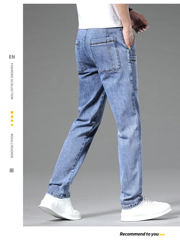 2024 New 6 Pocket Design Men's Denim Jeans Skinny Full Length Pants with High Elasticity Slim Pants Man Fashion Mid-waist Jeans