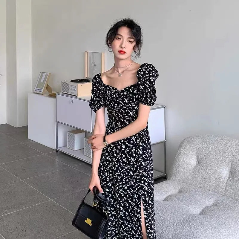 French Style Square Collar Floral Print Dress Women Puff Sleeve High Waiste A-line Ladies Sweet Daily Dating Long Vestidos