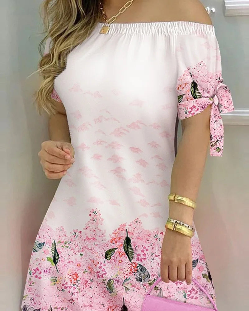 Fashionable Sexy Women's Print Dress Women's Word Shoulder Short -sleeved A -line Dress Ladies Off The Shoulder Mini Dresses