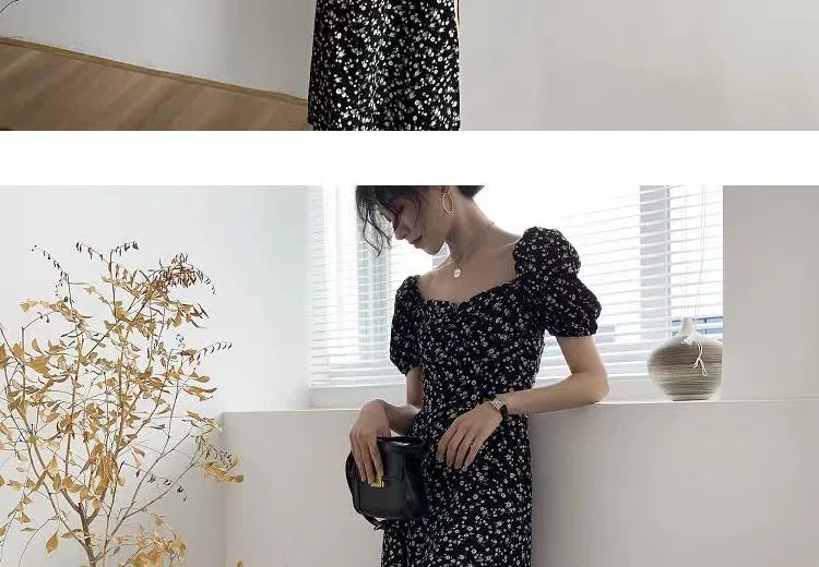 French Style Square Collar Floral Print Dress Women Puff Sleeve High Waiste A-line Ladies Sweet Daily Dating Long Vestidos