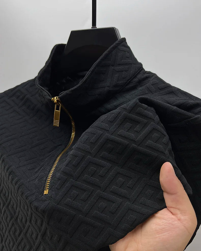 High end brand fashion jacquard retro sweater for men's 2023 spring autumn new casual trend half zipper standing collar pullover