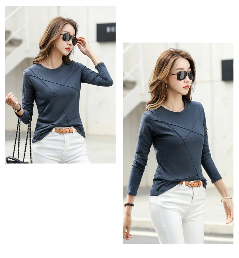 AOSSVIAO 2024 Autumn Long Sleeve Women O-Neck Bamboo Cotton T-Shirt Elegant Loose Ribbed Fashion Tee Shirt Ladies Simple Tops