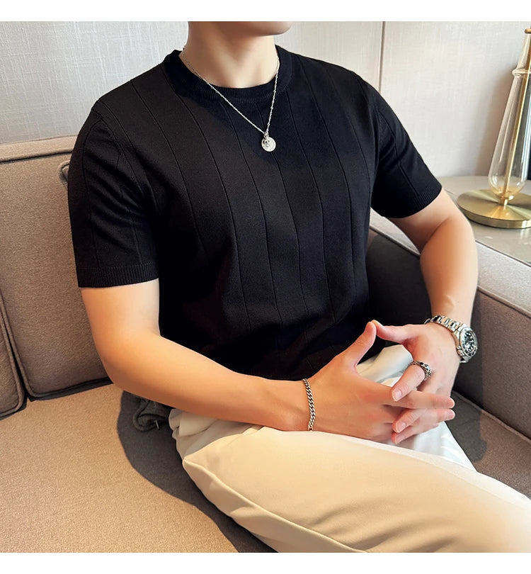 2024 New High Quality, Business Casual Men's Short-Sleeved O-neck Sweater, Daily Slim Fit T-shirt, Stretchable Striped Top M-3XL