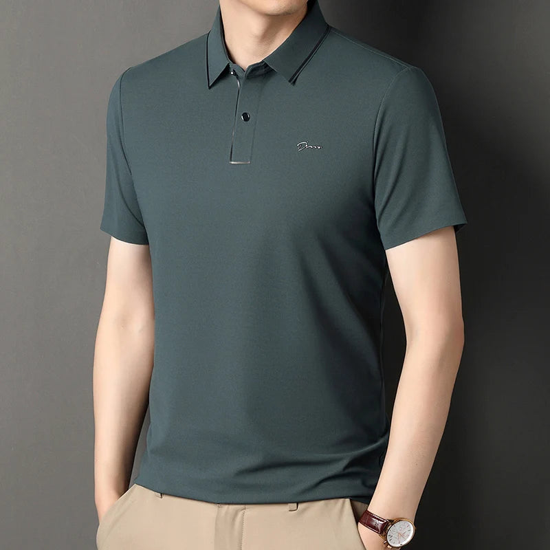 Handsome 2024 Summer Ice Silk Seamless Breathable Polo Shirt Men Short Sleeved Embroidery Casual Lapel T-shirt Men's Clothing