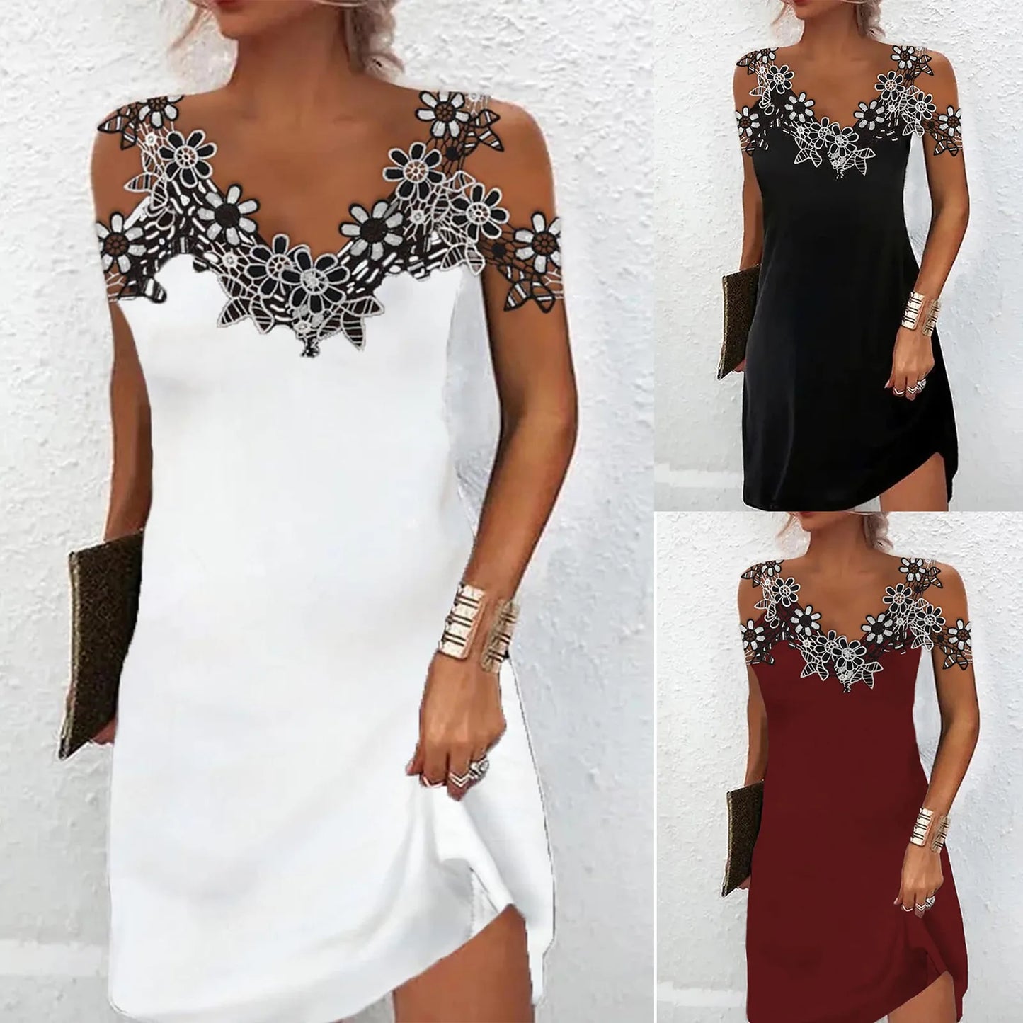 Summer Luxury Black Dress Women Flower V Neck Mini Dress Lady Birthday Party Dress Clothes