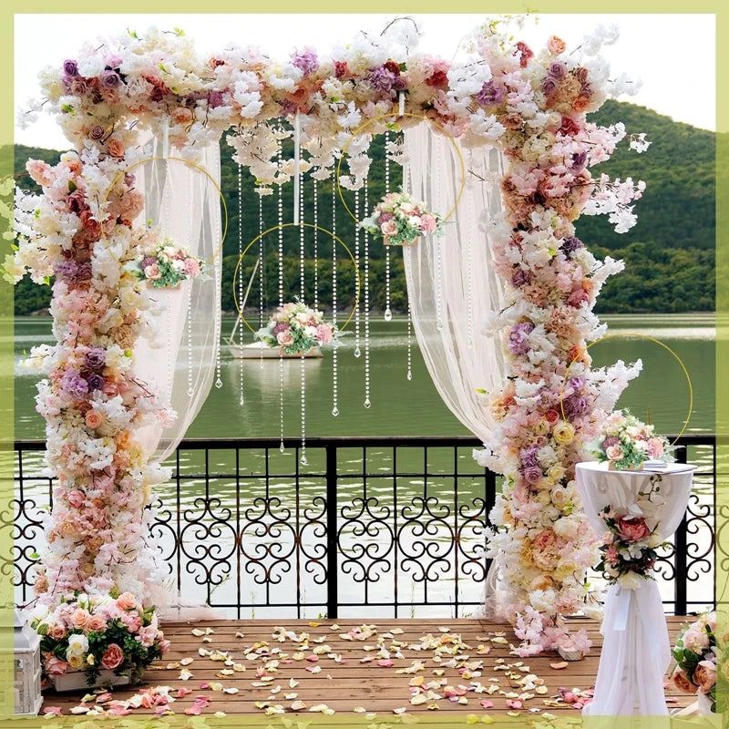 1pcs Gold Metal Flowers Hoop with Place Card Holder Wedding Table Centerpiece Decoration Christmas DIY Wreath Garland Decor