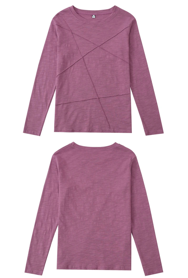 AOSSVIAO 2024 Autumn Long Sleeve Women O-Neck Bamboo Cotton T-Shirt Elegant Loose Ribbed Fashion Tee Shirt Ladies Simple Tops