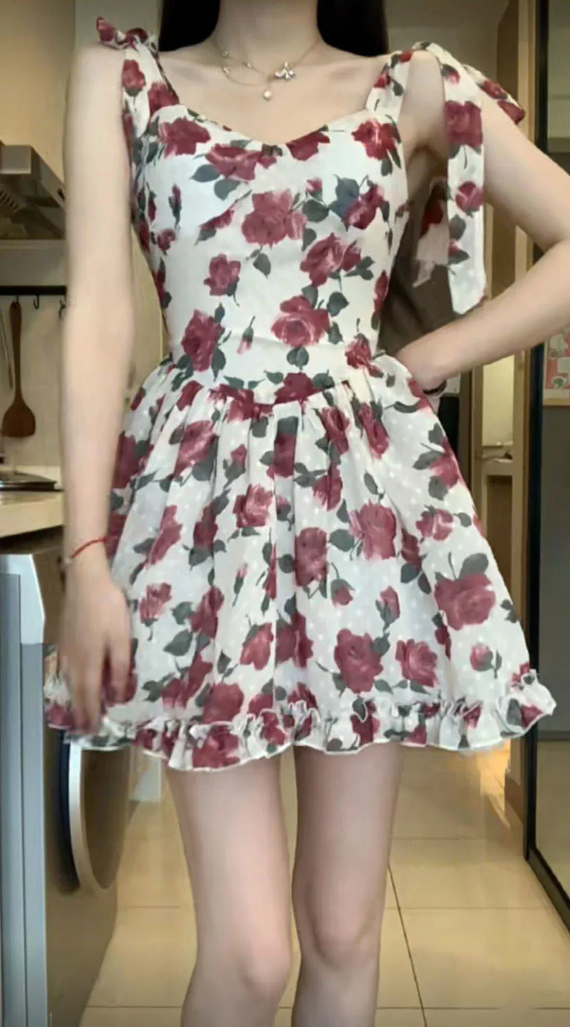 Summer New French Vintage Floral Halter Dress V-neck Sleeveless A-line Cute Short Dress Birthday Party Dress Camisole Dresses
