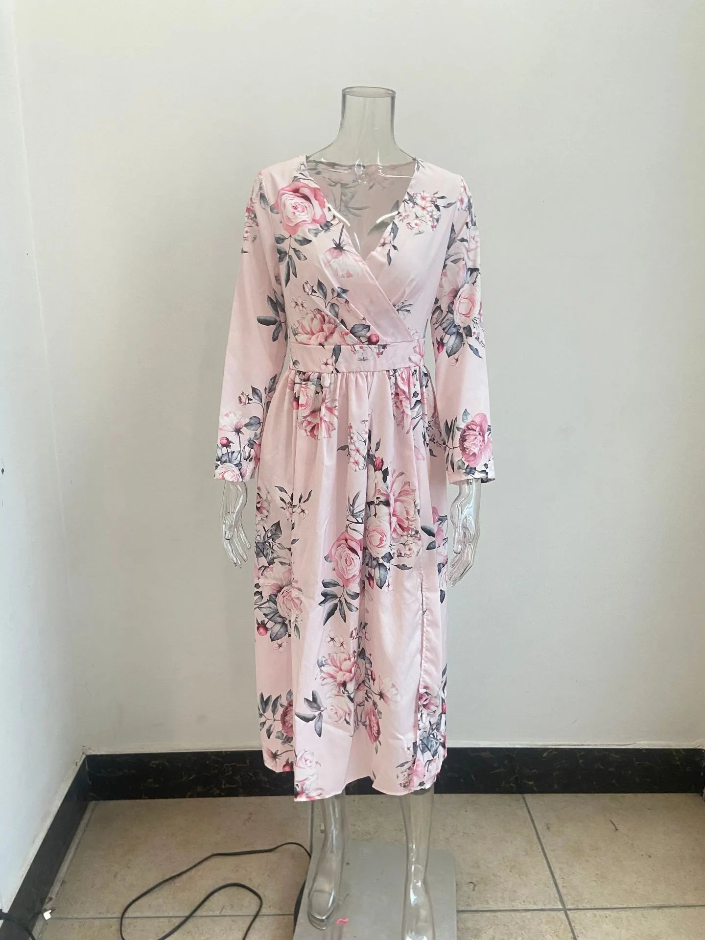 Amazon eBay Cross border 2024 Summer Chiffon Printed Long Dress V-neck Dress Long Sleeve Split Dress Women