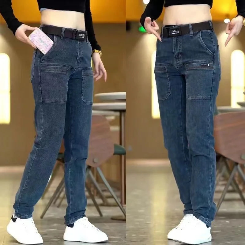 2024 New Brand Mens Casual Multiple Pockets Jeans Mid-Waist Elastic Straight Denim Trousers Versatile Loose Personality Pants