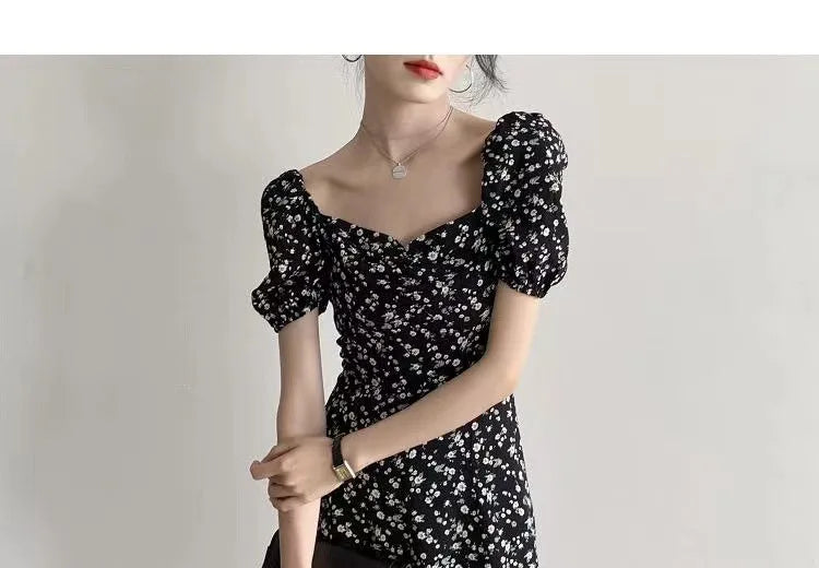 French Style Square Collar Floral Print Dress Women Puff Sleeve High Waiste A-line Ladies Sweet Daily Dating Long Vestidos