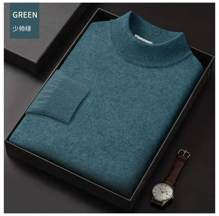Luxury Brand Men's Mock Collar 100% Pure Woolen Sweater Tops Autumn Winter Cashmere Sweater Pullover Male Warm Knitwear Sweater