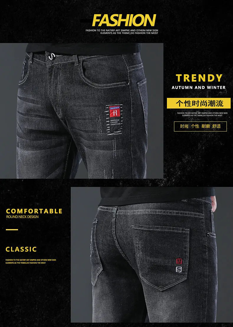 2024 New Fashion Jeans Men Korean Style Straight Grey Middle Waist Pants Male Casual Denim Trousers