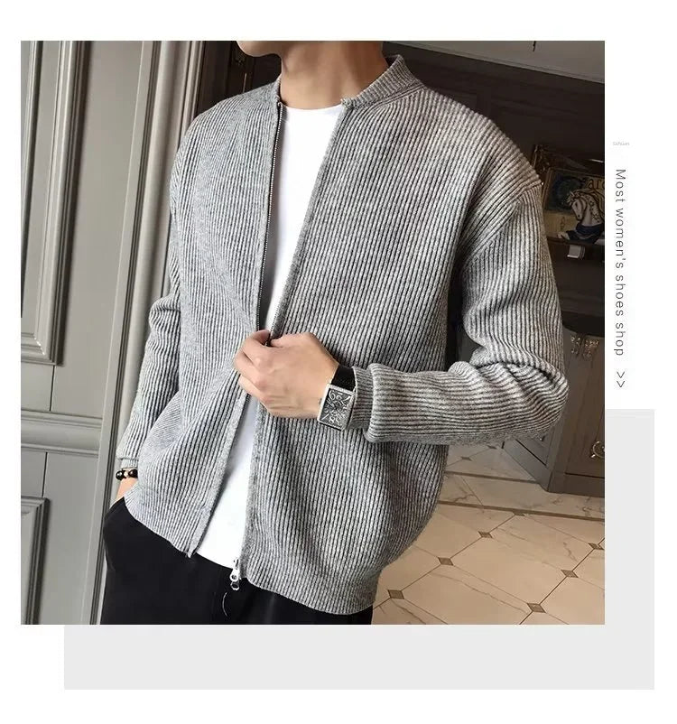 Autumn Winter Men's Solid Color Knitted Cardigan Sweater Jacket Casual Slimming Top Fashionable White Coat