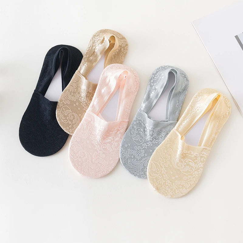 5Pair Women Socks Summer Thin Breathable Silicone Non-slip Ladies Invisible Lace Boat Sock Transparent Fashion Calcetines Mujer