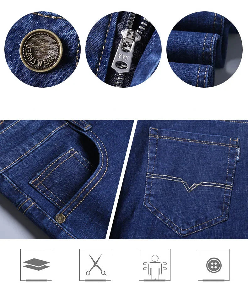 2024 NEW Classic Style Casual Stretch Slim Jean Pants Male Brand Denim Trousers Black Blue Men's Fashion Business Jeans