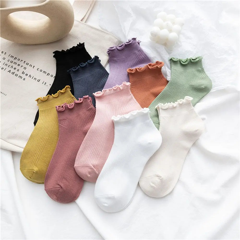 Cotton Women's Socks Frilly Ruffle Socks Spring Summer Casual Ankle Short Boat Socks Loose Knitting Solid Color Mid Tube Sock